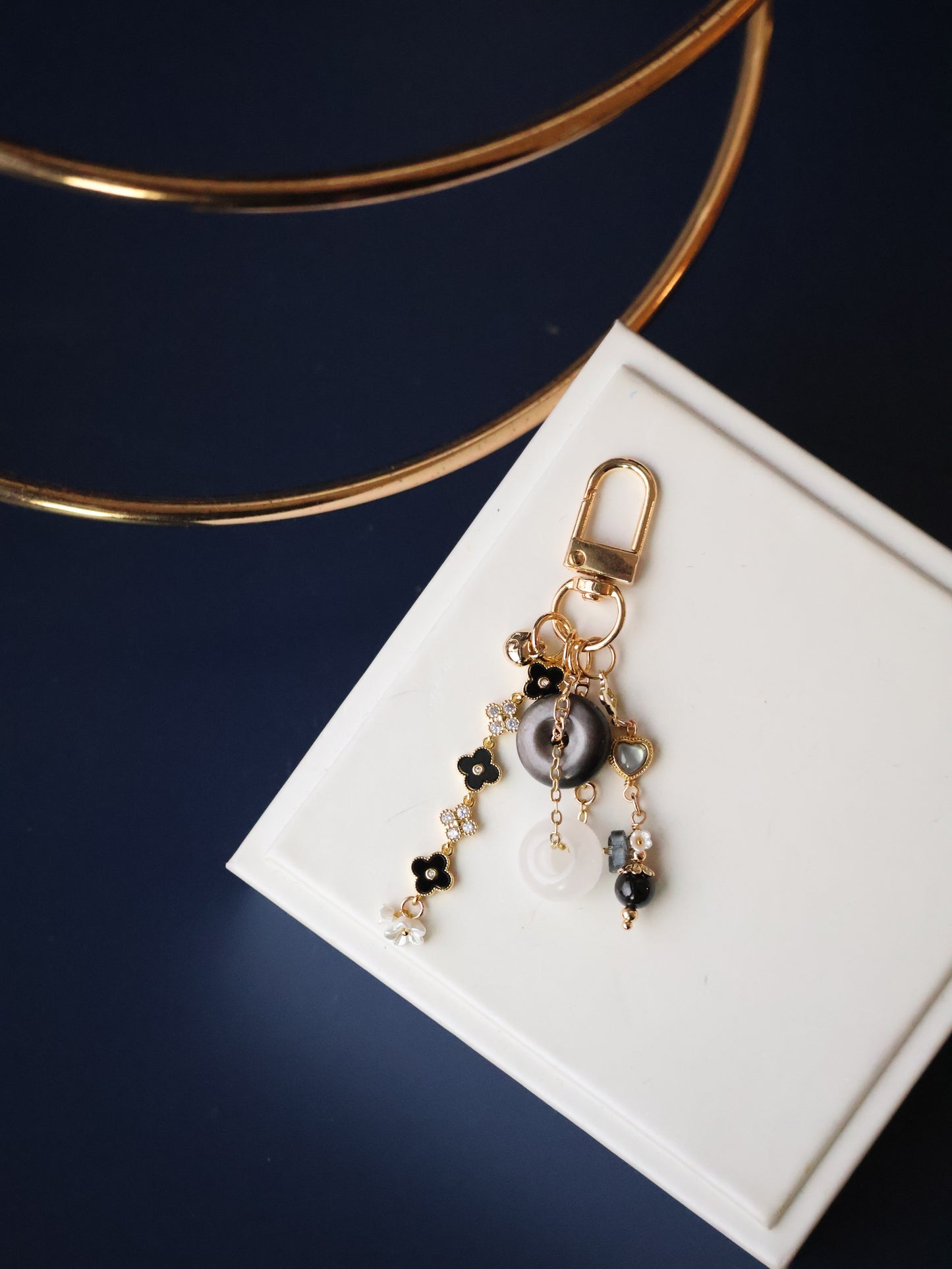 Black Obsidian, White Phantom Quartz & Hypersthene Crystal Keychain — Amorette Clover Ping An Kou