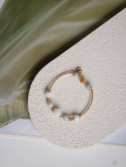 Green Jadeite & White Phantom Quartz Crystal Bracelet Bangle — Orianna Bangles Series | 8mm (Elastic)