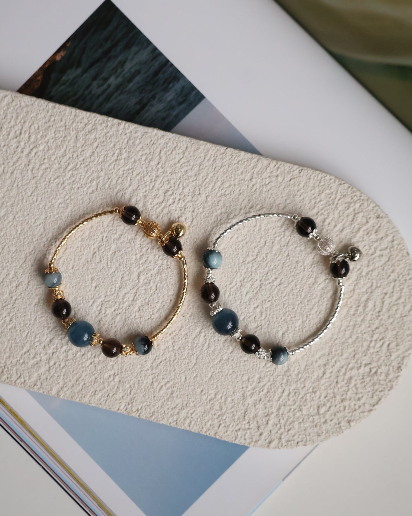 Smoky Quartz & Devil’s Eye Aquamarine Crystal Bracelet Bangle — Orianna Bangles Series | 8mm