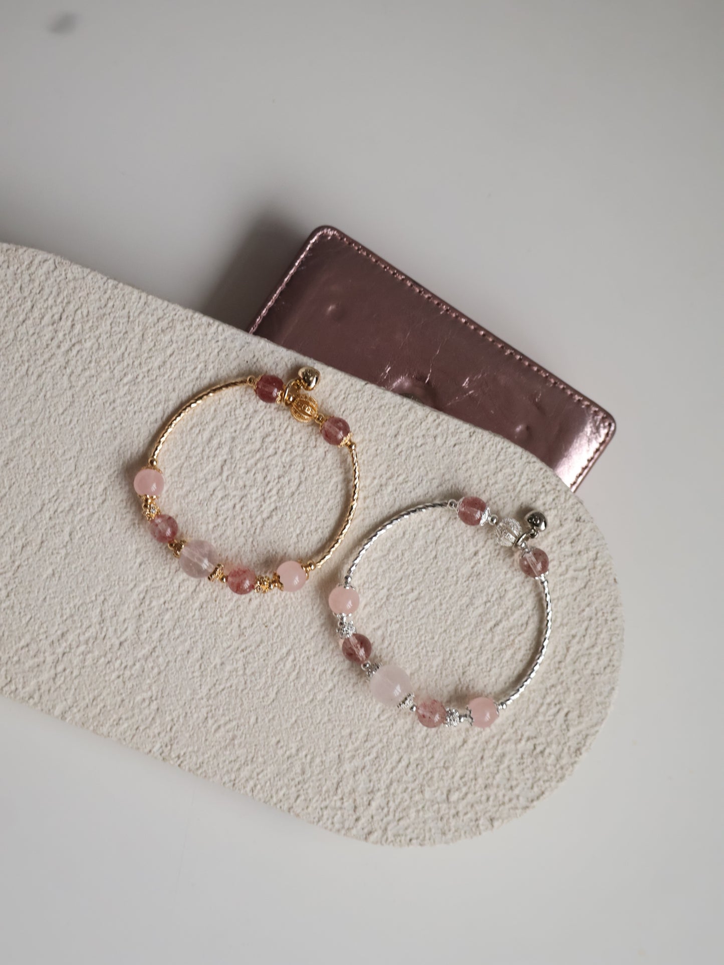 Strawberry Quartz & Rose Quartz Crystal Bracelet Bangle — Orianna Bangles Series | 8mm (Elastic)