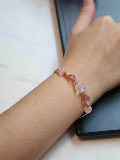 Strawberry Quartz & Rose Quartz Crystal Bracelet Bangle — Orianna Bangles Series | 8mm (Elastic)