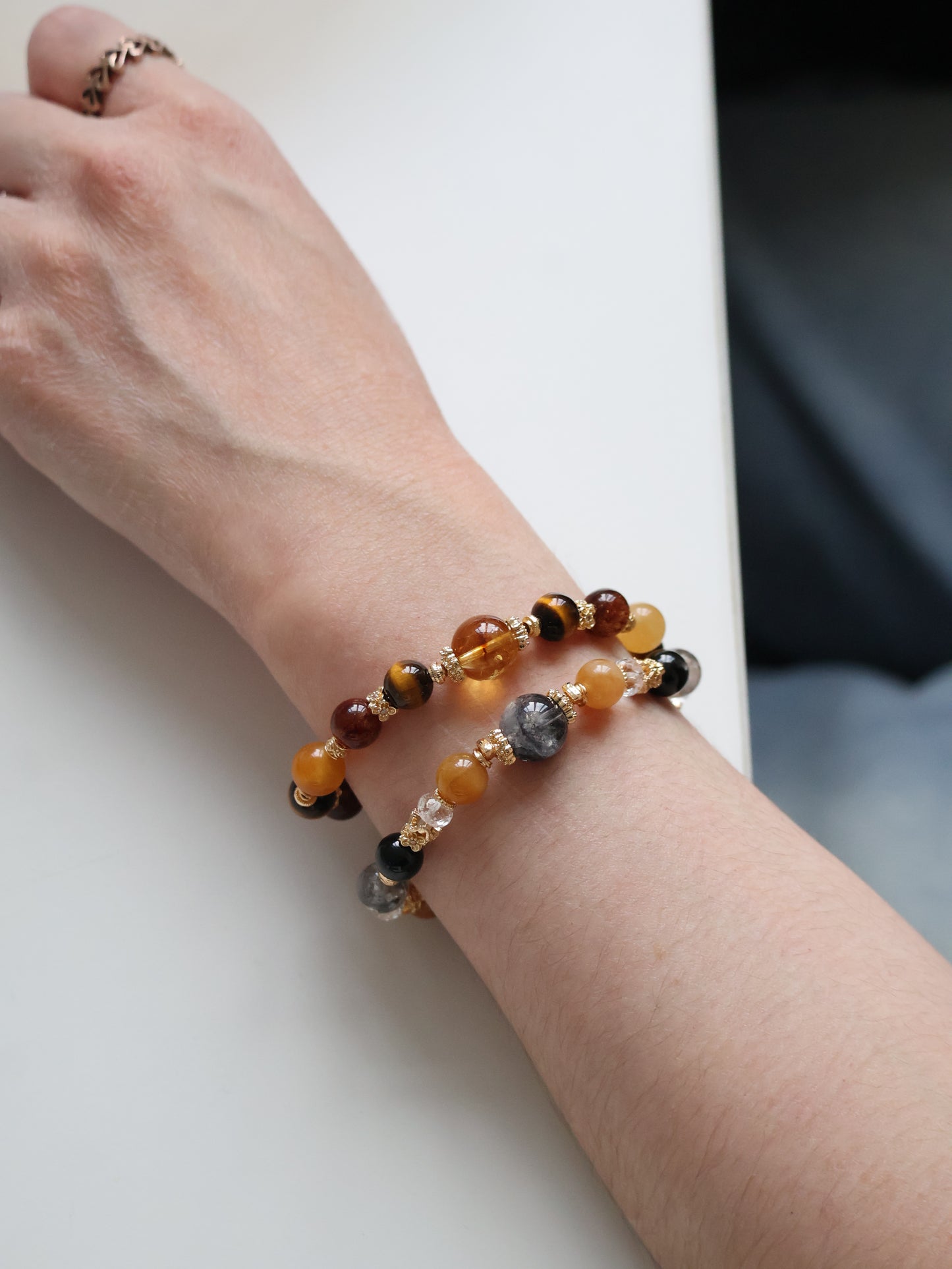 Andesine Labradorite, Tiger’s Eye, Citrine & Black Gold Super 7 Crystal Bracelet — Miel Honey | 8mm (Elastic)