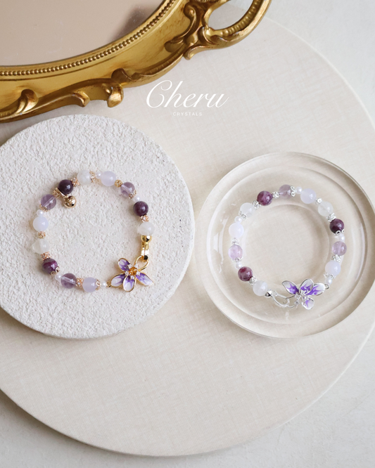 Unicorn Stone, White Phantom Quartz, Lilac Chalcedony & Amethyst — Plumeria Purple | 8mm (Elastic, OT Clasp)