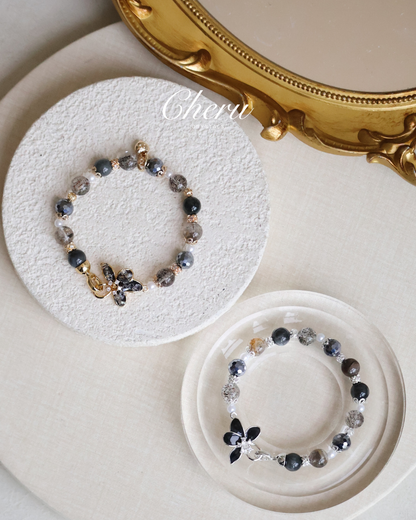 Black Strawberry Quartz, Hematite, Herkimer Diamond & Grey Tiger’s Eye — Plumeria Black | 8mm (Elastic, OT Clasp)