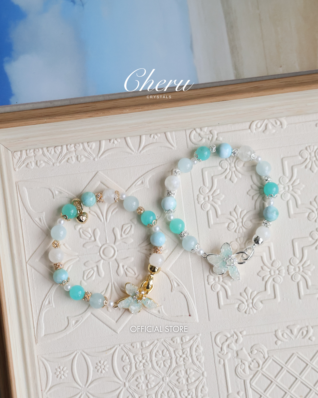 Aquamarine, Larimar, White Garden Quartz & Amazonite — Plumeria Blue | 8mm (Elastic, OT Clasp)