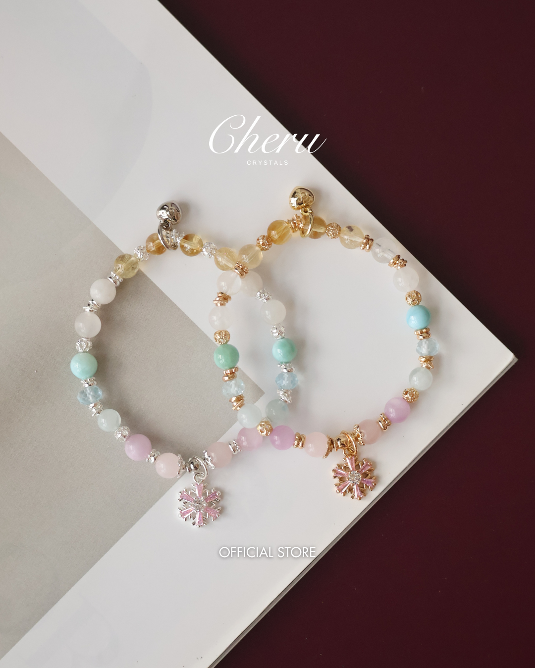 Aquamarine, Blue Topaz, Rose Quartz, Kunzite, White Phantom Quartz, Citrine & Moonstone — Eira Pastel Duobao Bracelet with Snowflake Charm | 6mm (Elastic)