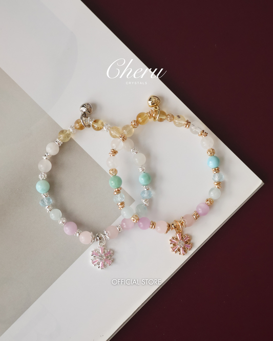 Aquamarine, Blue Topaz, Rose Quartz, Kunzite, White Phantom Quartz, Citrine & Moonstone — Eira Pastel Duobao Bracelet with Snowflake Charm | 6mm (Elastic)