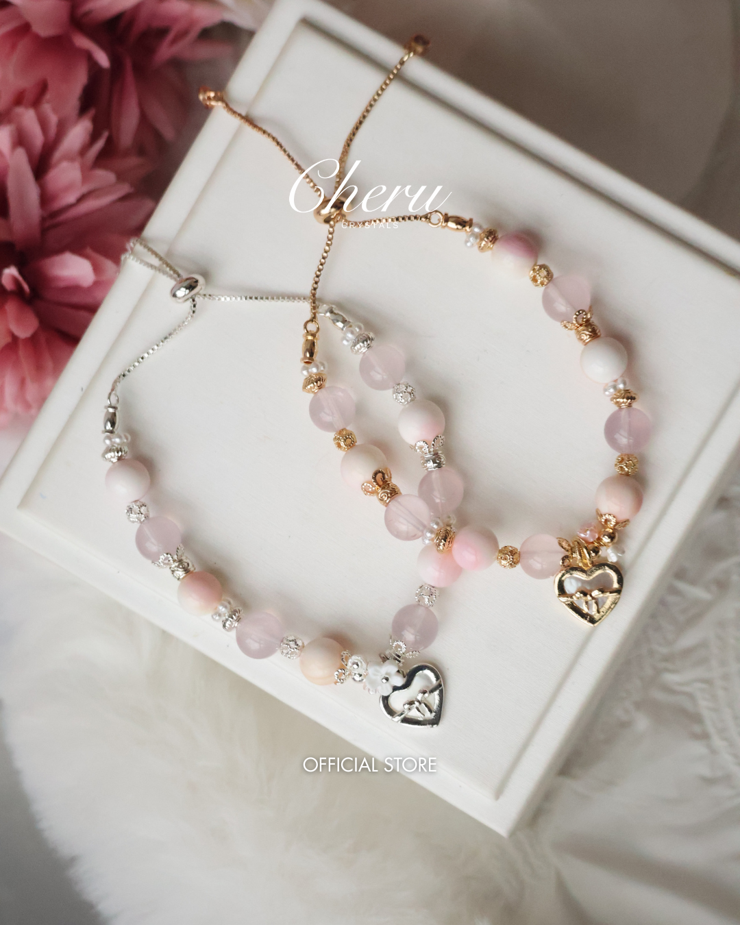 Queen Conch, Rose Quartz with Dangly White Conch Heart Charm — Mallow | 8mm (Elastic, Push Pull)