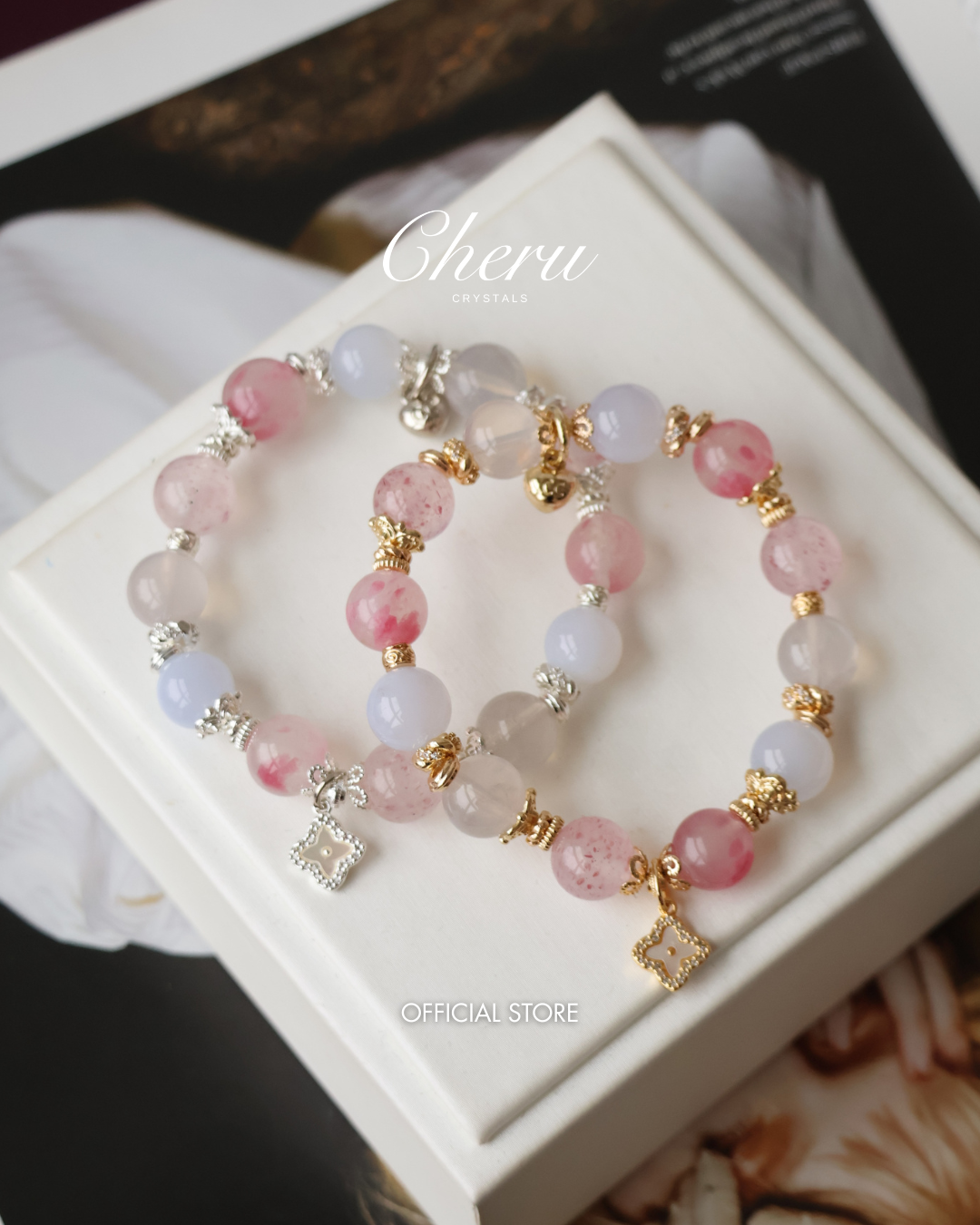 Strawberry Quartz, Blue Chalcedony, Rhodonite & Lavender Moon Quartz Crystal Bracelet with Clover Charm — The Luxe Edit | 10mm (Elastic)