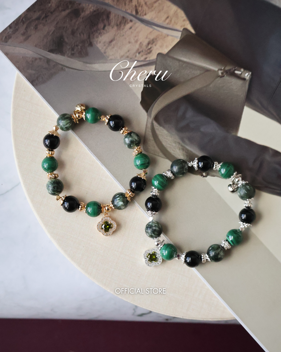 Malachite, Seraphinite & Black Tourmaline Crystal Bracelet — Cordelia Twin Sparkly Clover | 8mm + 10mm (Elastic)