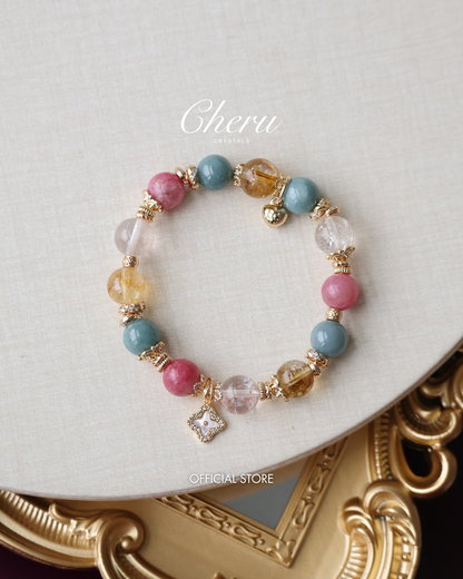 Citrine, Rhodonite, Rose Quartz & Blue Water Jadeite Crystal Bracelet with Clover Charm — The Luxe Edit | 10mm (Elastic)