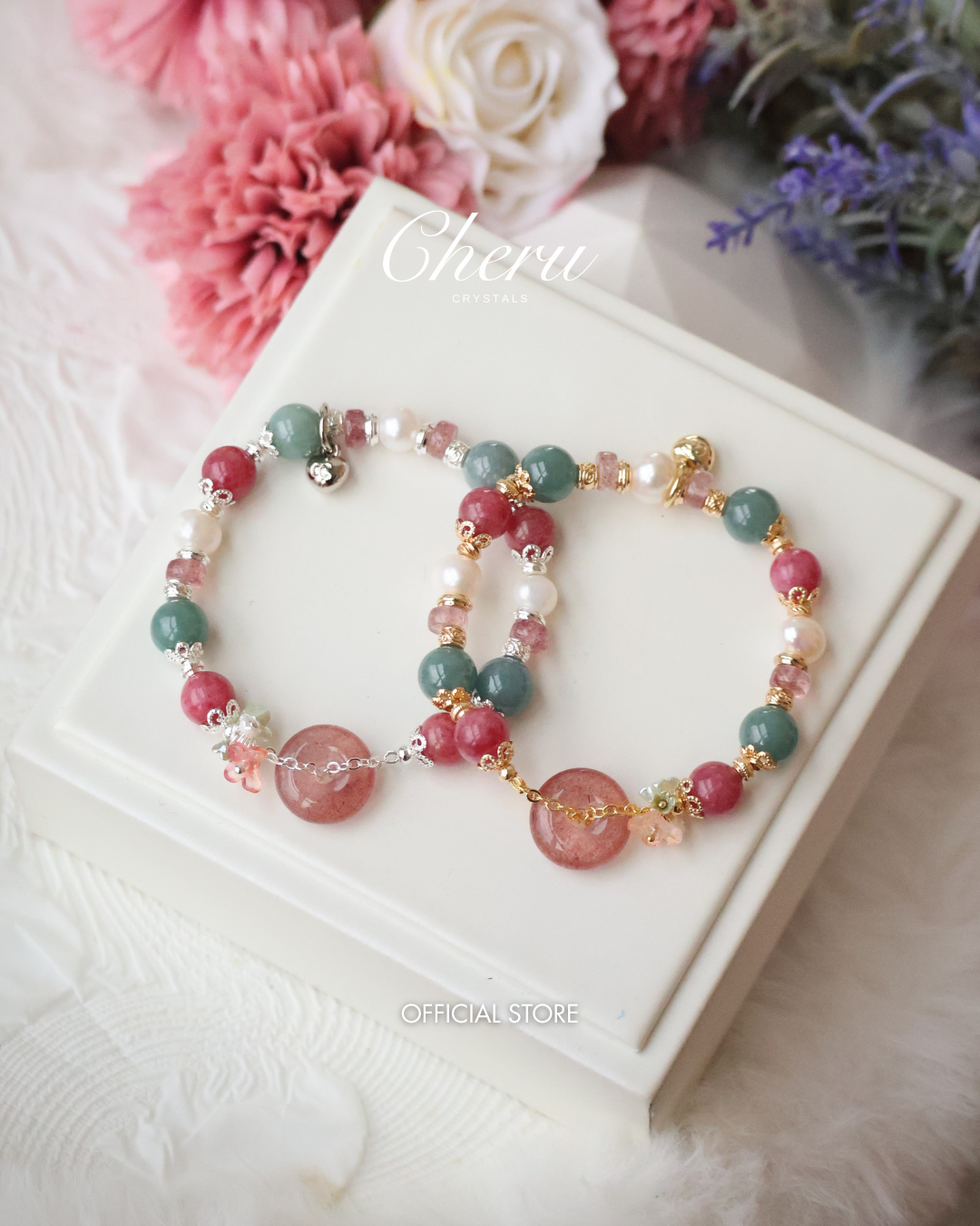 Blue Water Jadeite, Rhodonite, Fresh Water Pearl, Strawberry Quartz Ping An Kou — Mia | 6mm (Elastic)