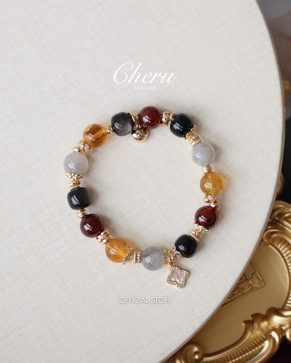 Citrine, Black Obsidian, Garnet & Labradorite Crystal Bracelet with Clover Charm — The Luxe Edit | 10mm (Elastic)