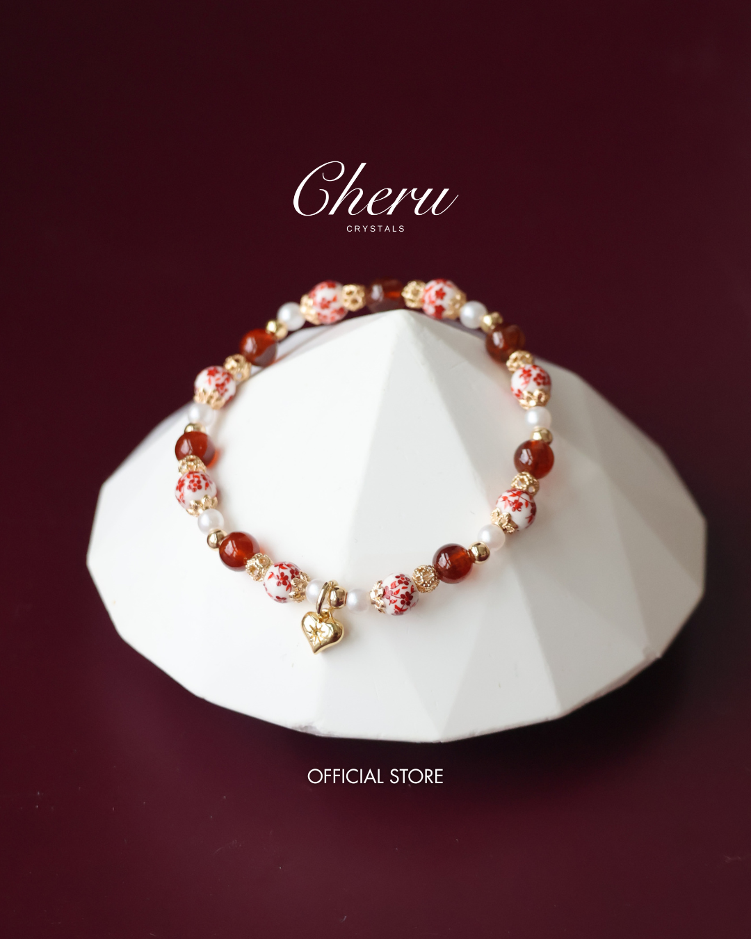 Garnet with Heart Dangly — Chinese Porcelain Inspired | 6mm (Elastic)