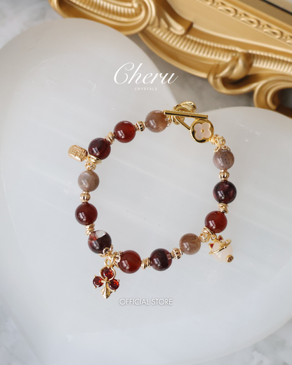 Fire Quartz, Garnet & Black Gold Skeletal Sunstone with Lucky Cat, Red Clover & Fu Charm — Crimson Blessing | 8mm (Elastic, OT Clasp)