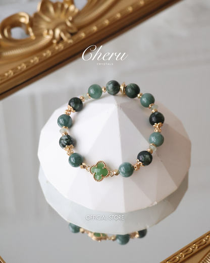 Blue Water Jadeite, Seraphinite & Green Aventurine with Clover — Viridian | 8mm (Elastic)
