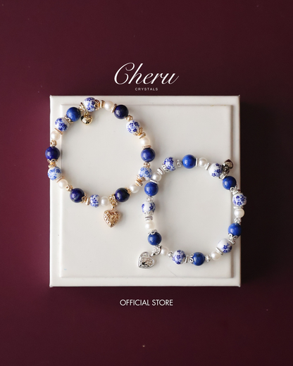 Lapis Lazuli Crystal Bracelet — Chinese Porcelain Inspired | 8mm (Elastic)