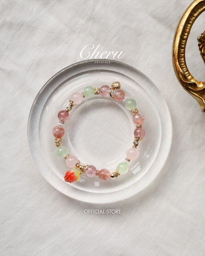Strawberry Quartz, Prehnite, Rose Quartz & Heated Copper Rutile Crystal Bracelet with Dangly Strawberry Charm — Anya | 8mm (Elastic)