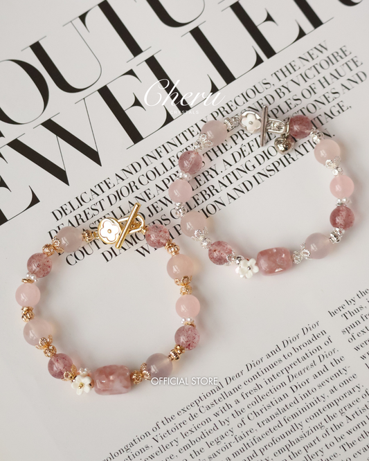 Pink Chalcedony, Pink Purple Emerald Mica, Rose Quartz & Strawberry Quartz Crystal Bracelet — Flutter Shy | 8mm (OT Clasp, Elastic)