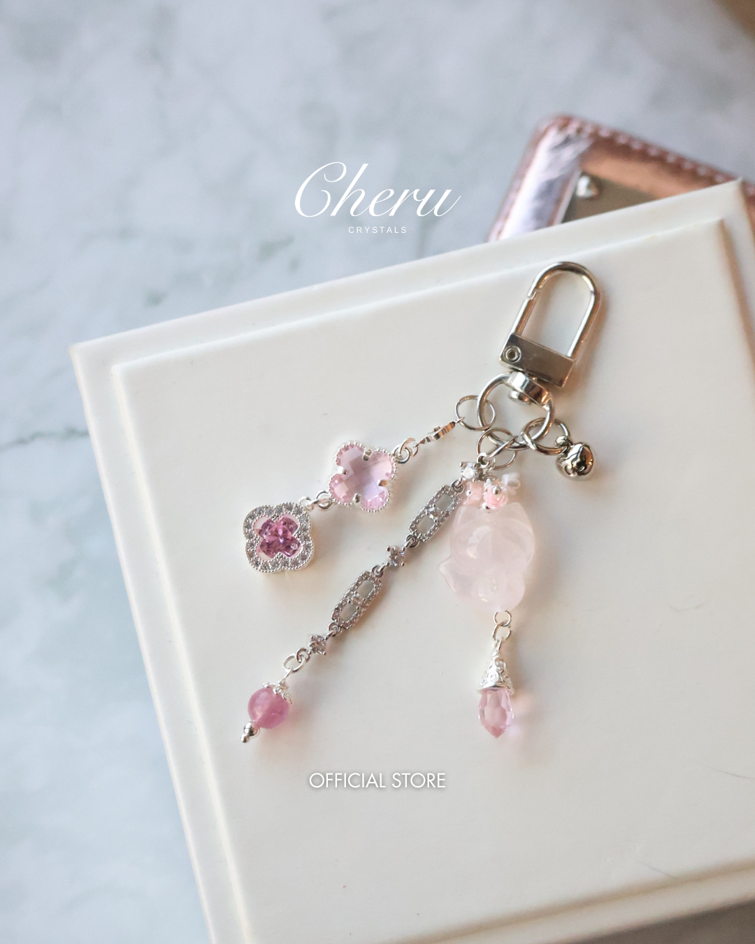 Rose Quartz Nine-Tailed Fox Crystal Keychain with Clover Charm — Blush Kyubi