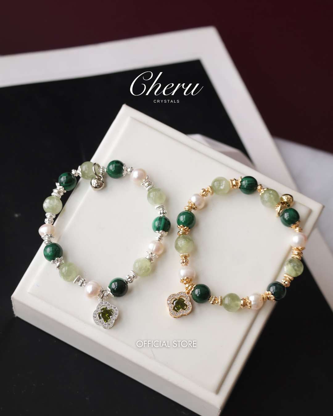 Malachite, Green Emerald Mica & Freshwater Pearl Crystal Bracelet — Cordelia Twin Sparkly Clover | 8mm + 10mm (Elastic)