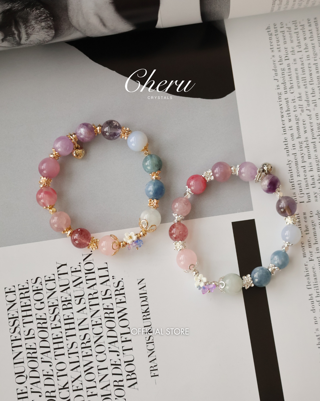 Rose Quartz, Strawberry Quartz, Pink Purple Emerald Mica, Lavender Rose Quartz, Amethyst, Purple Emerald Mica, Kunzite, Blue Chalcedony, Devil Blue Aquamarine, Blue Kyanite & Milky Aquamarine — Duobao (Multi Gems) with Bouquet | 10mm (Elastic)