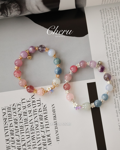 Rose Quartz, Strawberry Quartz, Pink Purple Emerald Mica, Lavender Rose Quartz, Amethyst, Purple Emerald Mica, Kunzite, Blue Chalcedony, Devil Blue Aquamarine, Blue Kyanite & Milky Aquamarine — Duobao (Multi Gems) with Bouquet | 10mm (Elastic)