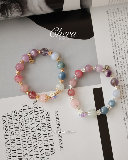 Rose Quartz, Strawberry Quartz, Pink Purple Emerald Mica, Lavender Rose Quartz, Amethyst, Purple Emerald Mica, Kunzite, Blue Chalcedony, Devil Blue Aquamarine, Blue Kyanite & Milky Aquamarine — Duobao (Multi Gems) with Bouquet | 10mm (Elastic)