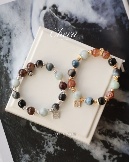 Black Obsidian, Black Gold Super 7, Devil Blue Aquamarine & Wuji Jadeite Crystal Bracelet with Clover Charm — The Luxe Edit | 10mm (Elastic)