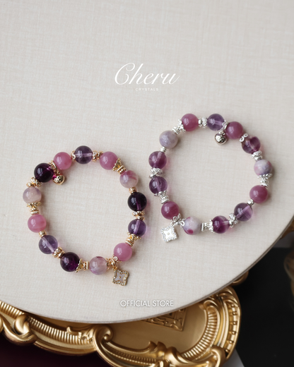 Lavender Rose Quartz, Amethyst, Unicorn Stone & Purple Fluorite Crystal Bracelet with Clover Charm — The Luxe Edit  | 10mm (Elastic)