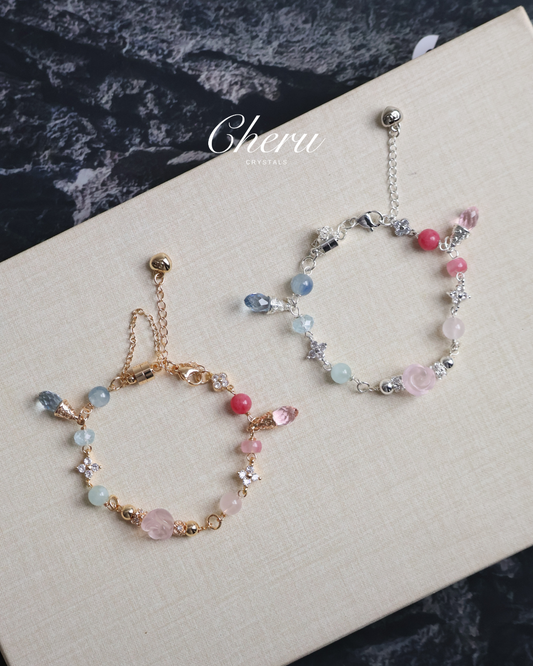 Rose Quartz, Blue Kyanite, Blue Topaz, Aquamarine & Rhodonite — Rosen Bleu Chain Bracelet | 8mm (Magnetic Opening, Chain)