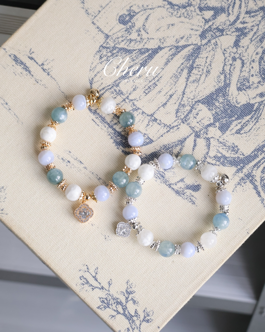 Blue Kyanite, Blue Lace Agate & White Phantom Quartz with Sparkly Clover — Monet Cordelia Twin Crystal Bracelet | 10mm (Elastic)