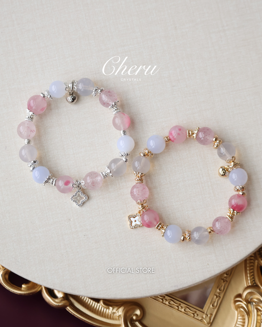 Strawberry Quartz, Blue Chalcedony, Rhodonite & Lavender Moon Quartz Crystal Bracelet with Clover Charm — The Luxe Edit | 10mm (Elastic)