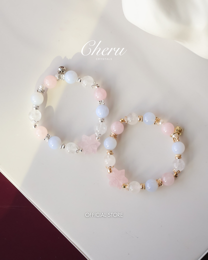 Blue Chalcedony, White Phantom Quartz & Rose Quartz Bracelet with Snowflake Carving— Starley | 10mm (Elastic)