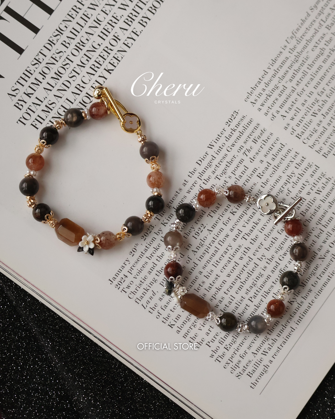 *Instocks* Cocoa - 8mm Garden Quartz, Black Gold Skeletal Sunstone and Black Gold Super 7 w Bouquet & OT Clasp