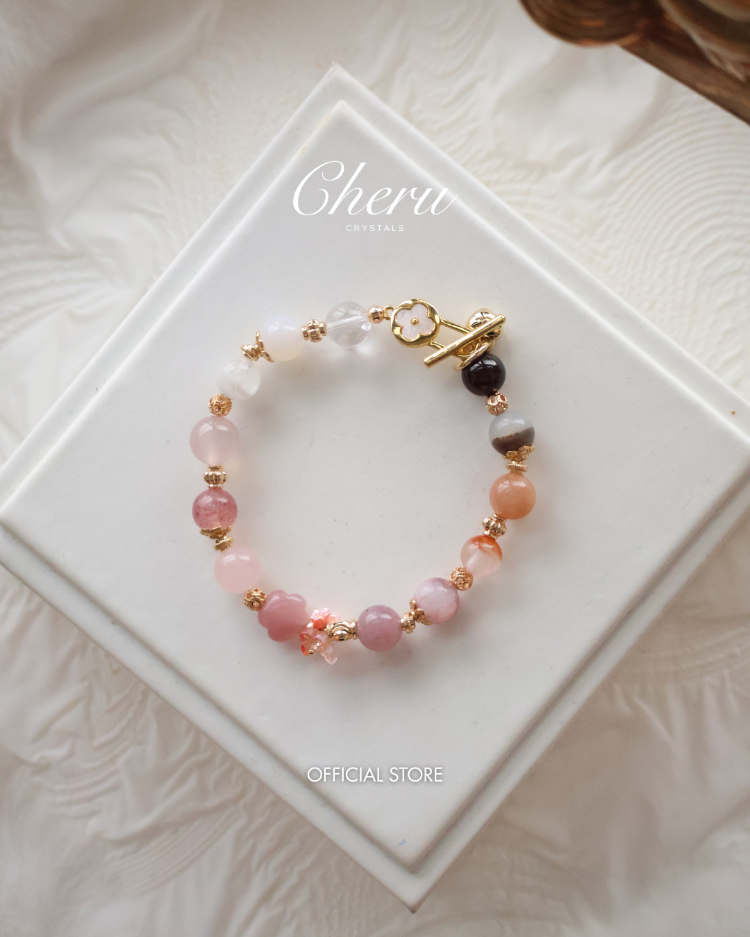 Guava Quartz Flower Carving Multigem Duobaao Crystal Bracelet — Choco Berry | 8mm (OT Clasp, Elastic)