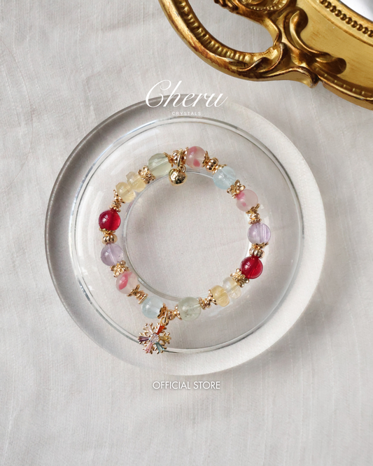 Prasiolite, Amethyst, Blue Topaz, Sakura Rhodonite, Red Star Ruby & Citrine Rondelles Multigem Crystal Bracelet — Prismette Duobao | Multi-Coloured Snowflake (Elastic)