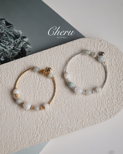 Green Jadeite & White Phantom Quartz Crystal Bracelet Bangle — Orianna Bangles Series | 8mm (Elastic)