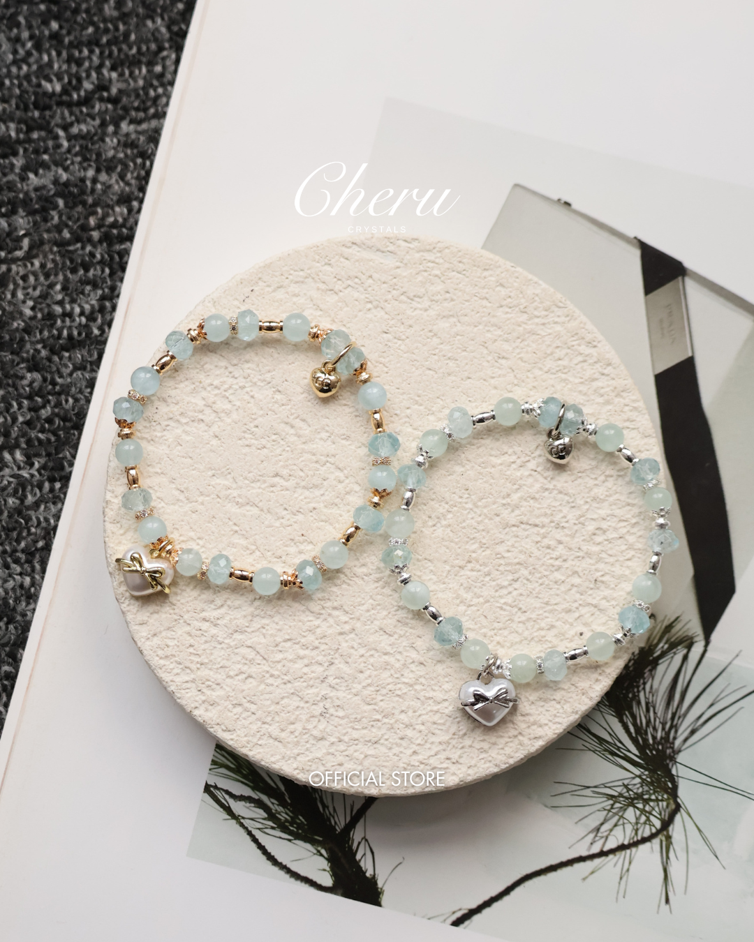 Blue Topaz & Aquamarine Crystal Bracelet with Heart Charm — Airi | 6mm (Elastic)