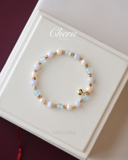 Blue Lace Agate, Blue Topaz & Freshwater Pearl Crystal Bracelet — Aeris | 6mm (Elastic)