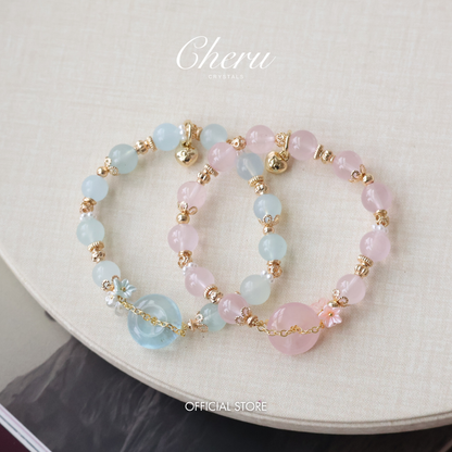 Aquamarine & Rose Quartz Ping An Kou with Bouquet — Erilyn & Annelina | 8mm (Elastic)