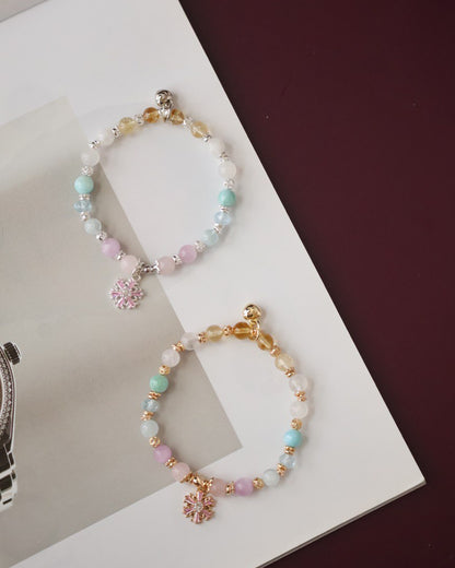 Aquamarine, Blue Topaz, Rose Quartz, Kunzite, White Phantom Quartz, Citrine & Moonstone — Eira Pastel Duobao Bracelet with Snowflake Charm | 6mm (Elastic)