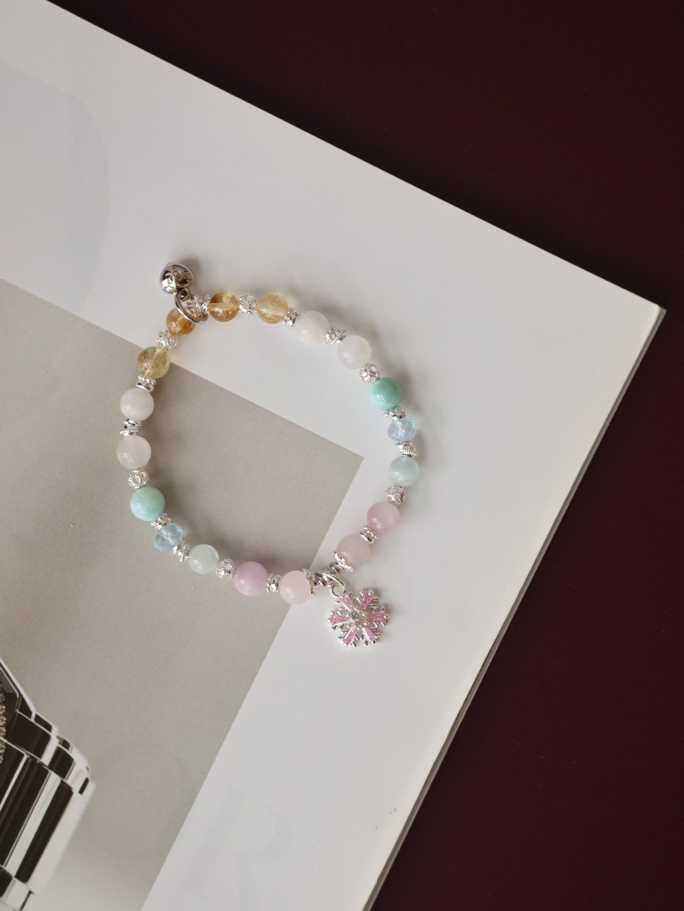 Aquamarine, Blue Topaz, Rose Quartz, Kunzite, White Phantom Quartz, Citrine & Moonstone — Eira Pastel Duobao Bracelet with Snowflake Charm | 6mm (Elastic)