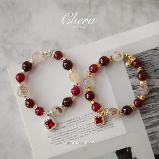 Cordelia Twin 10mm - Dendrite Rose Quartz, Garnet, Red Star Ruby (Elastic)