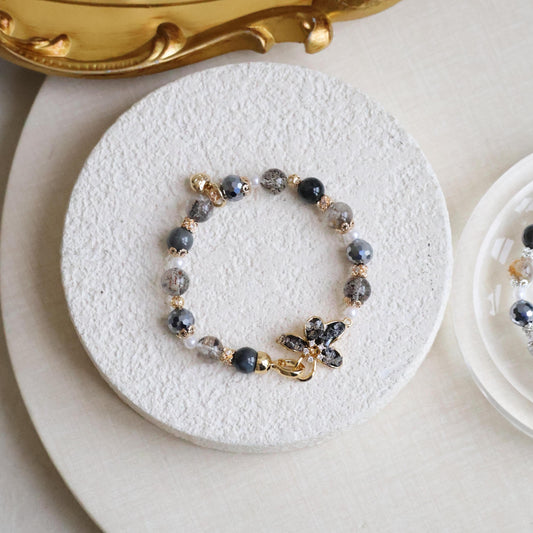 [Cheru] - 8mm Plumeria Black - Black Strawberry Quartz, Hematite, Herkimer Diamond & Grey Tiger’s Eye (Elastic, OT Clasp)