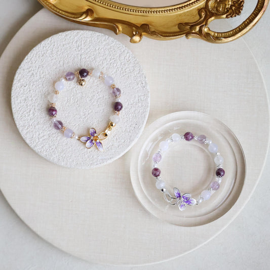 [Cheru] - 8mm Plumeria Purple - Unicorn Stone, White Phantom Quartz, Lilac Chalcedony & Amethyst (Elastic, OT Clasp)